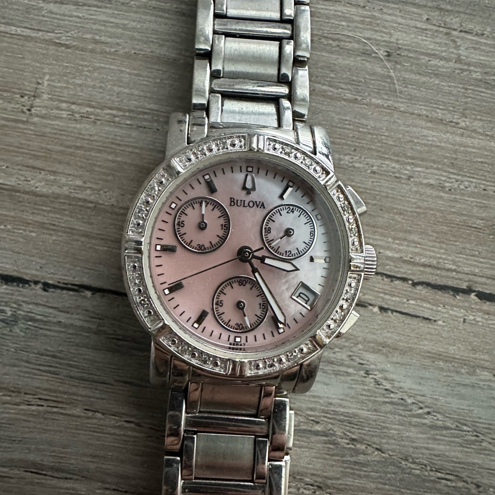 Bulova Silver Chronograph Watch with Crystal Details